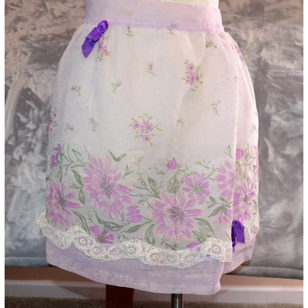 Vintage MCM 60s Half‎ Apron Sheer Purple Floral Pockets Waist Band 17